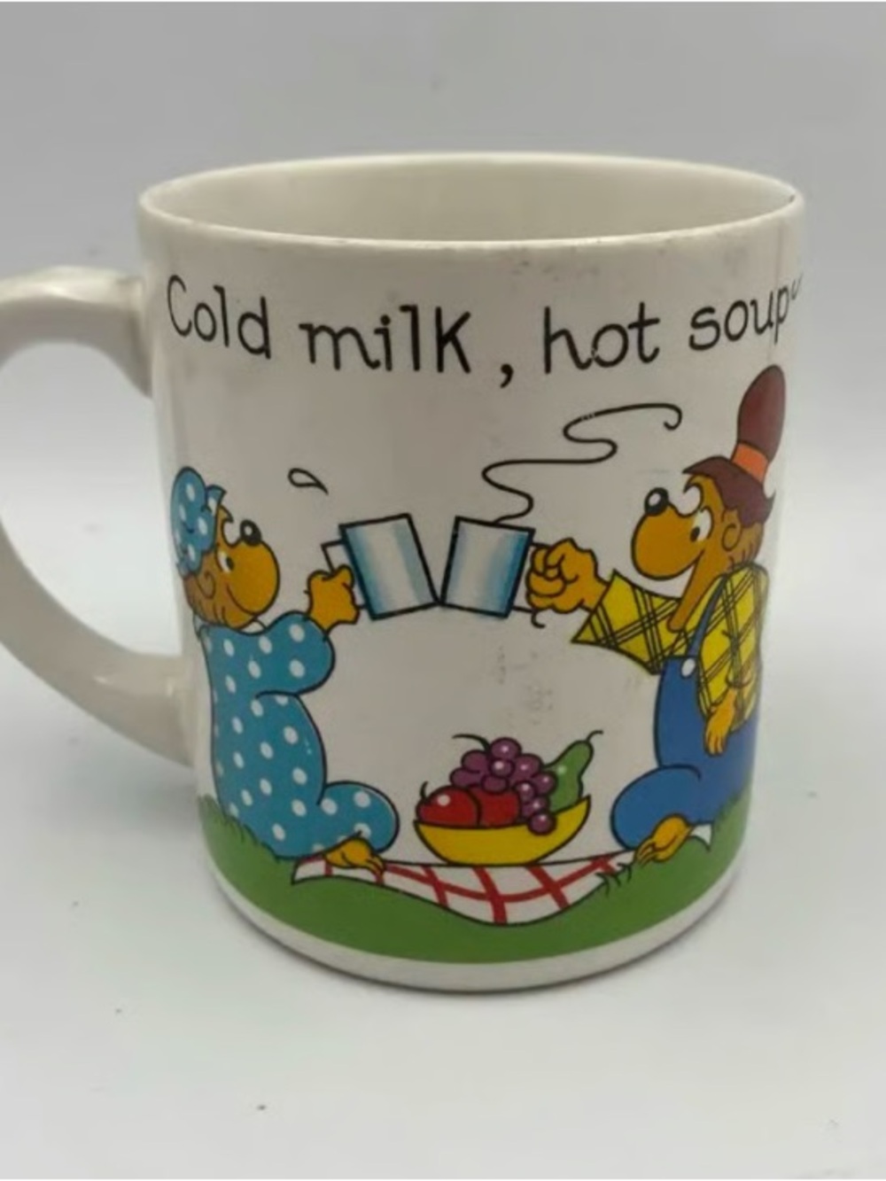 White Ceramic Cartoon Picnic Mug — Cold Milk Hot Soup Design